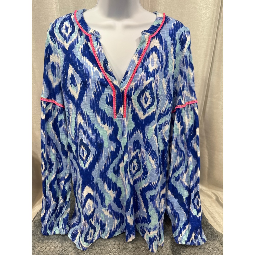 Lilly Pulitzer Finn Top Blue Ikat Print Cotton Slub Long Sleeve Tee Pink Trim M